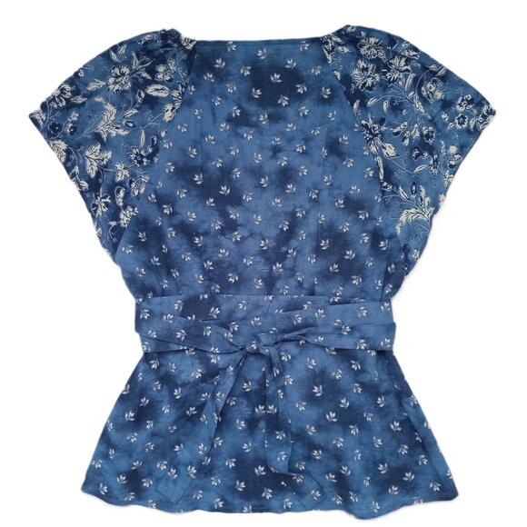 Gap Women's Wrap Top Blouse Cotton Semi Sheer Blue White Floral Cottage Size XS - Picture 6 of 7